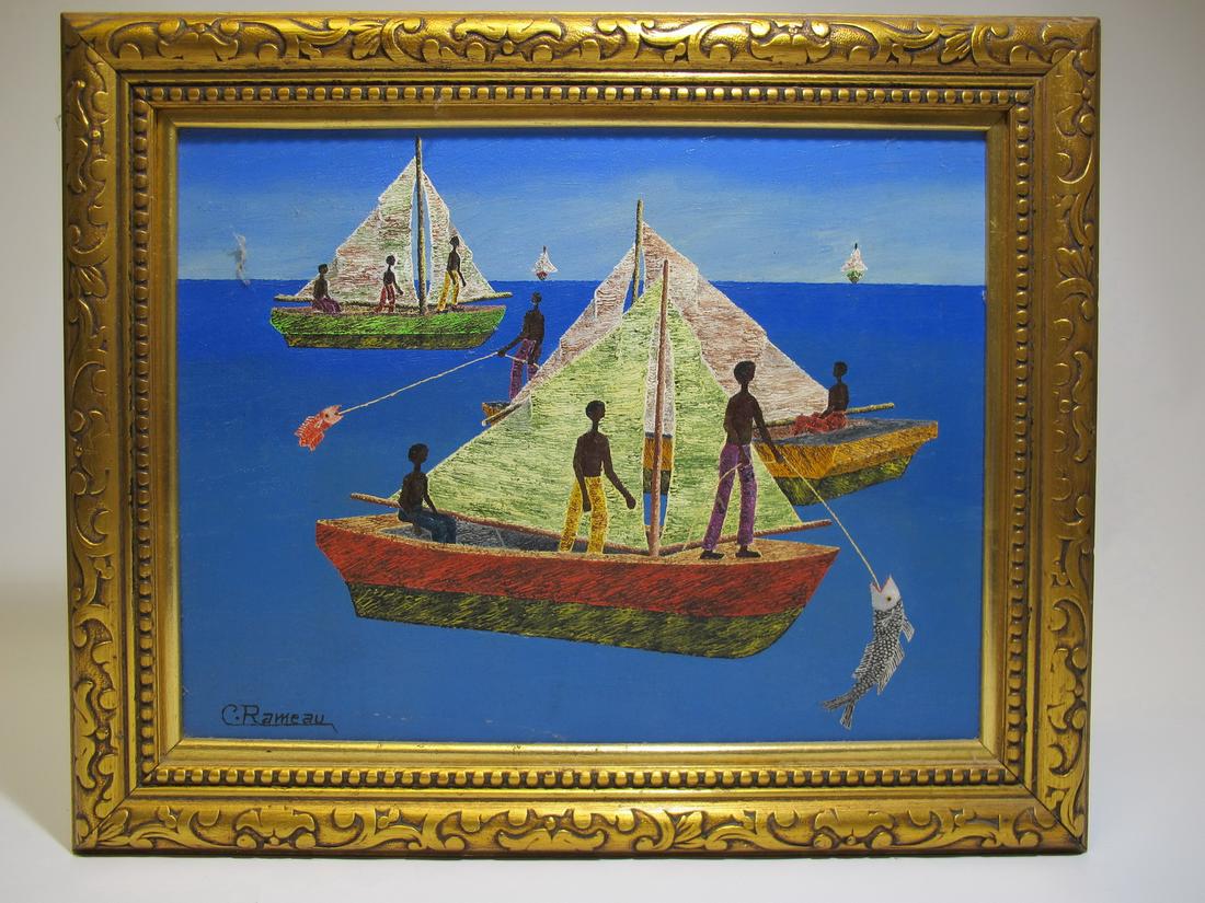 Cameau RAMEAU (1943) Haitian artist painting: Cameau RAMEAU (1943) Haitian artist painting. 15 1/2” H x 19 1/2” W frame included. 11 3/4” H x 15 3/4” W without frame. Shipping in USA or International please contact for quo