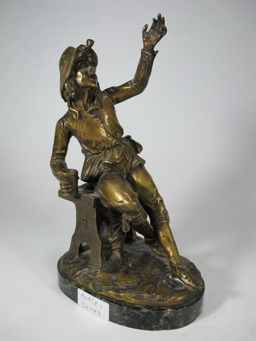 Antique European bronze statue, signed: Antique European bronze statue, illegible signature and with a marble base. 10 5/8 in H x 6 1/4 in W x 4 5/8 in D. SShipping in USA or International please contact for quote both UPS stores: 1) : Davi
