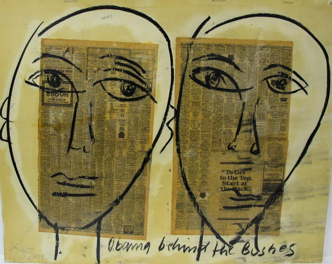 Peter Robert KEIL (1942) German artist painting: Peter Robert KEIL (1942) German artist painting, dated 2009, titled: Obama behind the Bushes. 32 1/8 in H x 40 1/8 in W. Shipping in USA or International please contact for quote both UPS stores: 1) :