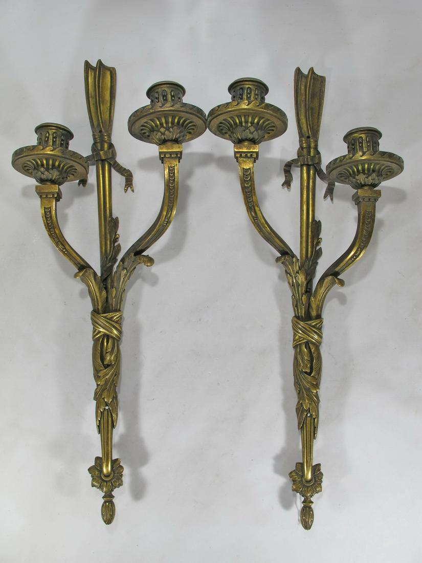 Antique French pair of bronze wall sconces: Antique French pair of bronze wall sconces. 20 1/2” H x 8” W x 5” D. Shipping in USA or International please contact for quote both UPS stores: 1) : David Reiser UPS store 1937 - 954