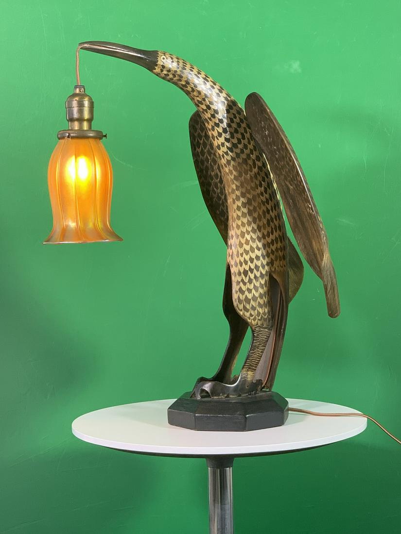 Vintage horn, wood & iridescent glass table lamp (1 of 5)