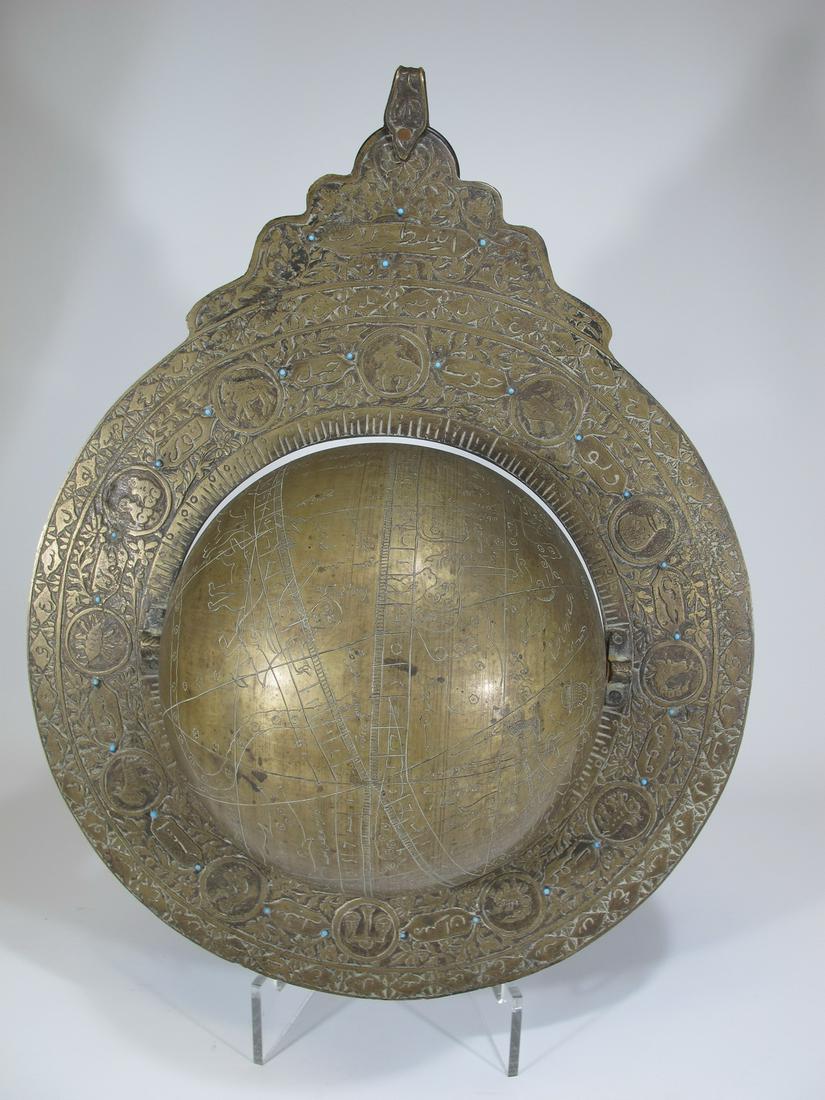 Vintage Islamic bronze & turquoises globe: Vintage Islamic bronze & turquoises globe. 16 1/2” H x 12 3/4” W x 7 1/2” D. Shipping in USA or International please contact for quote both UPS stores: 1) : David Reiser UPS store 19