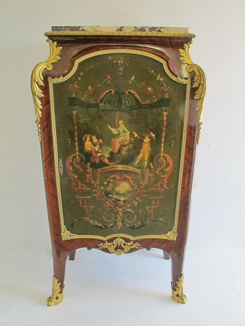 Antique French FOREST ormolu with paintings cabinet: Antique French FOREST ormolu with hand paintings cabinet, with a marble top. 59 3/4 in h x 33 1/4 in W x 18 in D. Shipping in USA or International please contact for quote both UPS stores: 1) : David 