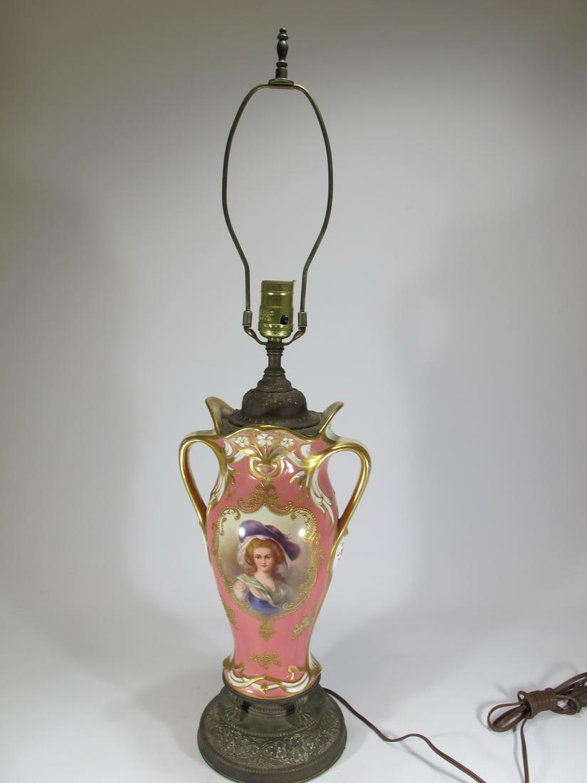 Antique French porcelain & bronze table lamp: Antique French porcelain & bronze table lamp. 27 3/4 in total height, 20 in H to the socket x 7 1/2 in W x 5 1/4 in D. Shipping in USA or International please contact for quote both UPS stores: 1) : D