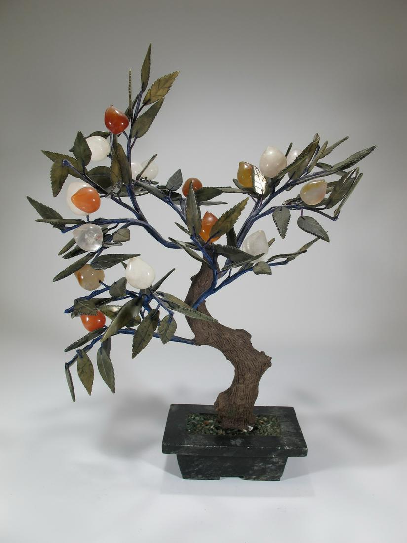 Vintage Chinese carved jade, stones & marble base tree: Vintage Chinese carved jade, stones & marble base tree. 15 1/2 in H x 11 1/2 in W x 9 in D. Shipping in USA or International please contact for quote both UPS stores: 1) : David Reiser UPS store 1937 