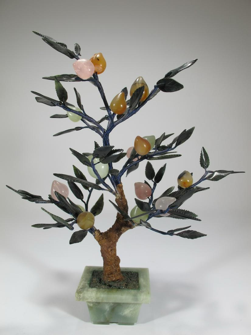 Vintage Chinese carved jade, stones & onyx base tree: Vintage Chinese carved jade, stones & onyx base tree. 12 1/2 in H x 9 3/4 in W x 6 in D. Shipping in USA or International please contact for quote both UPS stores: 1) : David Reiser UPS store 1937 - 9
