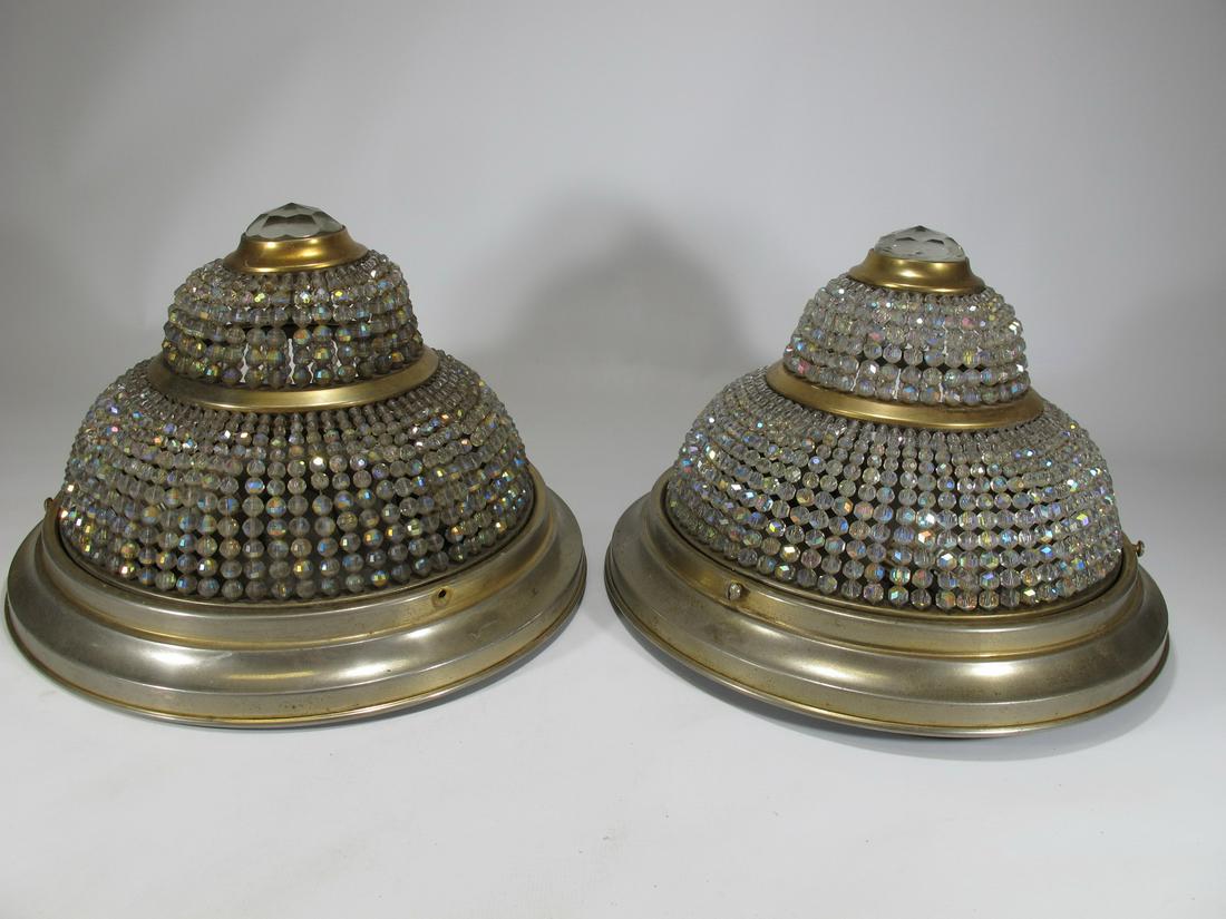 Vintage pair of metal & iridescent glass ceiling lights: Vintage pair of metal & iridescent glass ceiling lights. 7” H x 10 3/4” W. Shipping in USA or International please contact for quote both UPS stores: 1) : David Reiser UPS store 1937 - 954