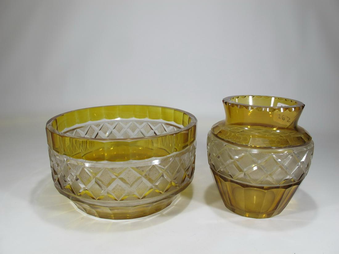 Vintage Czech crystal amber bowl & vase: Vintage Czech crystal amber bowl & vase. Vase: 6” H x 5” W. Bowl: 4 1/2” H x 8 1/4” W. Shipping in USA or International please contact for quote both UPS stores: 1) : David Rei