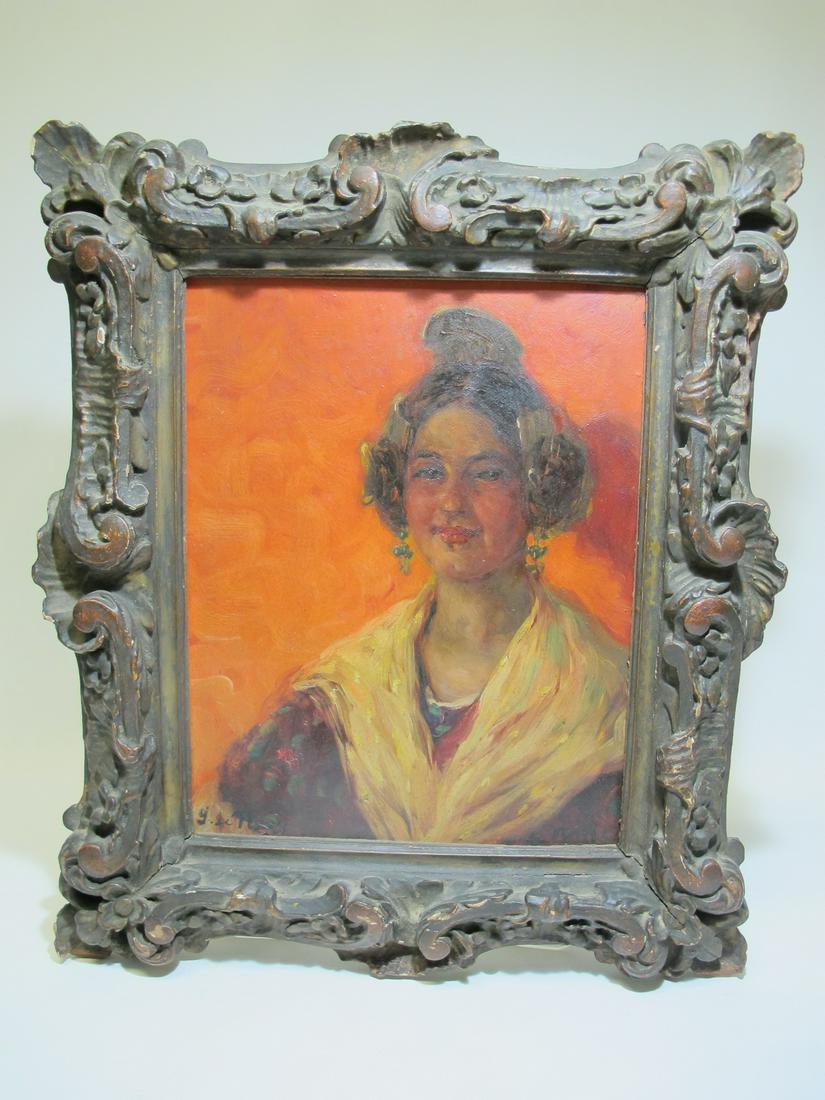Antique Spanish oil on board Valenciana painting,: Antique Spanish oil on board Valenciana (girl from Valencia, Spain) painting, signed L de Magy. 21 3/8” H x 18” W frame included. 15 5/8” H x 12 1/2” W without frame. Shipping 