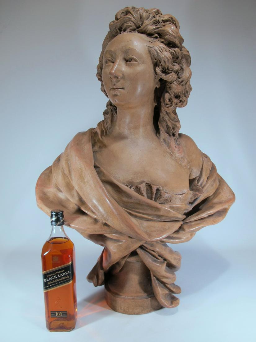 Life-size terracotta bust of Nicolas Coustou, France: Life-size Rococo terracotta bust of Nicolas Coustou, around 1850, France. 30 1/4” H x 21 1/2” W x 12 1/2” D. Shipping in USA or International please contact for quote both UPS stores: 1) : David