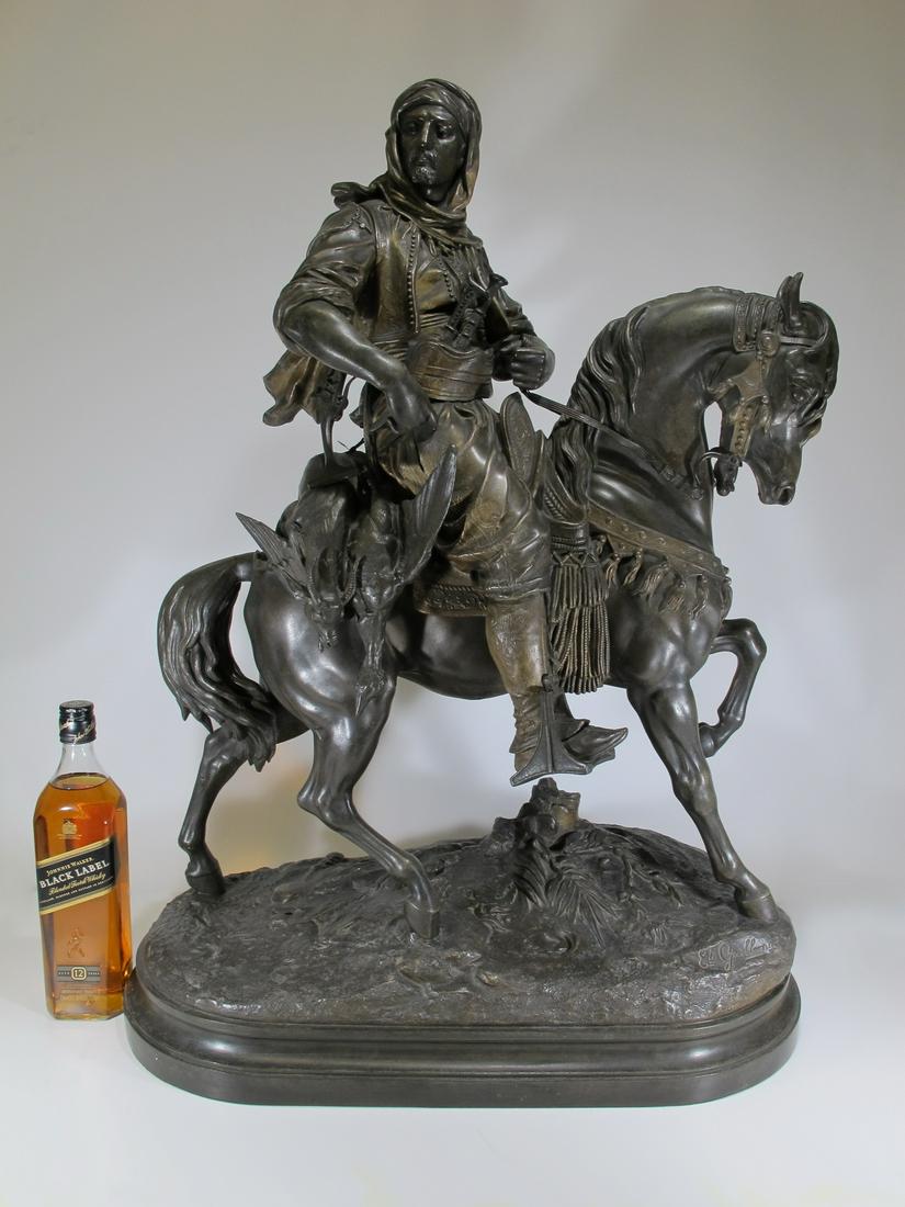 Emile GUILLEMIN (1841-1907) & Alfred BARYE (1839-1882): Emile GUILLEMIN (1841-1907) & Alfred BARYE (1839-1882) Arabian Hunter on a horse spelter sculpture, signed. 31 3/4” H x 24” W x 11 1/2” D. Shipping in USA or International please con