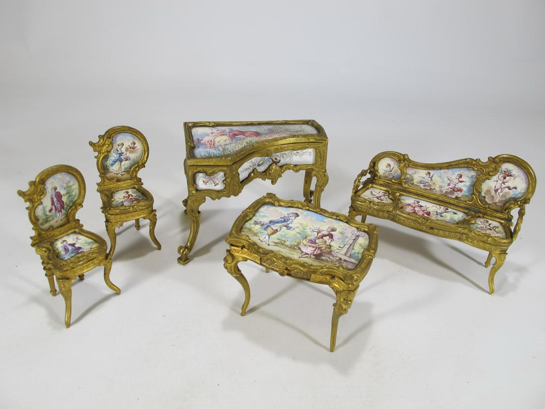 Antique French gilt bronze & enamel miniature set: Antique French gilt bronze & enamel miniature set, Sevres, Paris. Piano: 2 3/4” H x 4” W x 2 1/2” D. Table: 2” H x 2 3/4” W x 2 1/8” D. Chairs: 3” H x 1 3/8&r