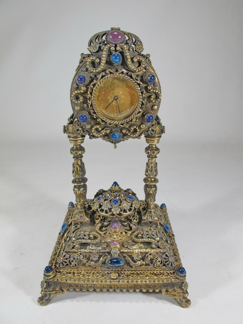 Antique Viennese silver& stones clock: Antique Viennese silver& stones clock. 7 7/8” H x 4 1/2” W x 4 1/2” D. Weight: 632 grams. Shipping in USA or International please contact for quote both UPS stores: 1) : David Reiser