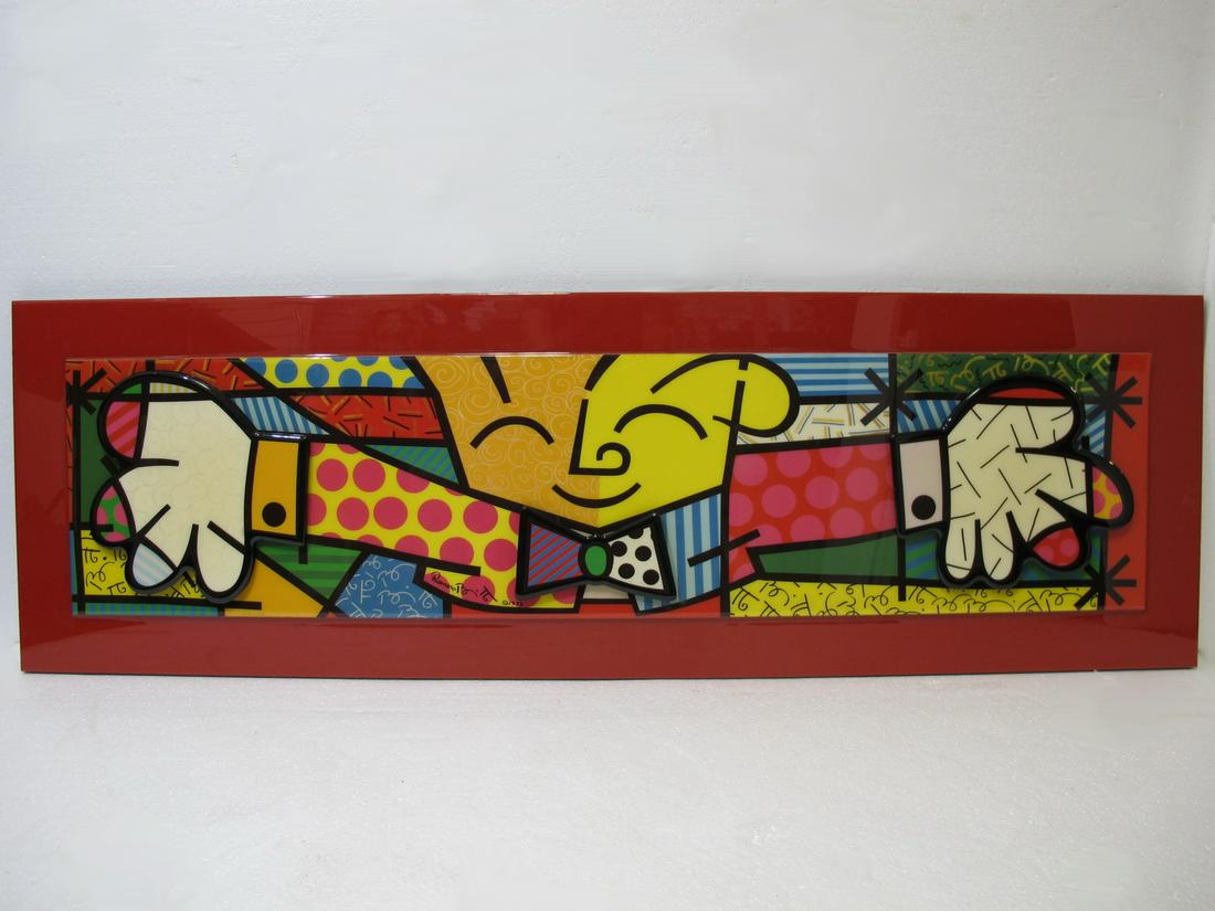 Romero BRITTO (1963) acrilyc 3 D panel: Romero BRITTO (1963) acrilyc 3 D panel titled THE HUG dated 1993. 18 3/4” H x 60” W. Shipping in USA or International please contact for quote both UPS stores: 1) : David Reiser UPS store 