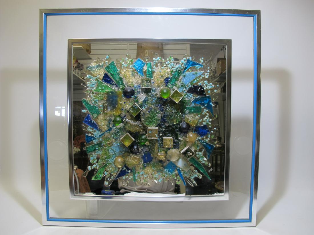 Signed VAL glass & acrylic mounted collage: Signed VAL glass & acrylic mounted collage. 29 5/8” H x 29 1/4” W. Shipping in USA or International please contact for quote both UPS stores: 1) : David Reiser UPS store 1937 - 954-454-113