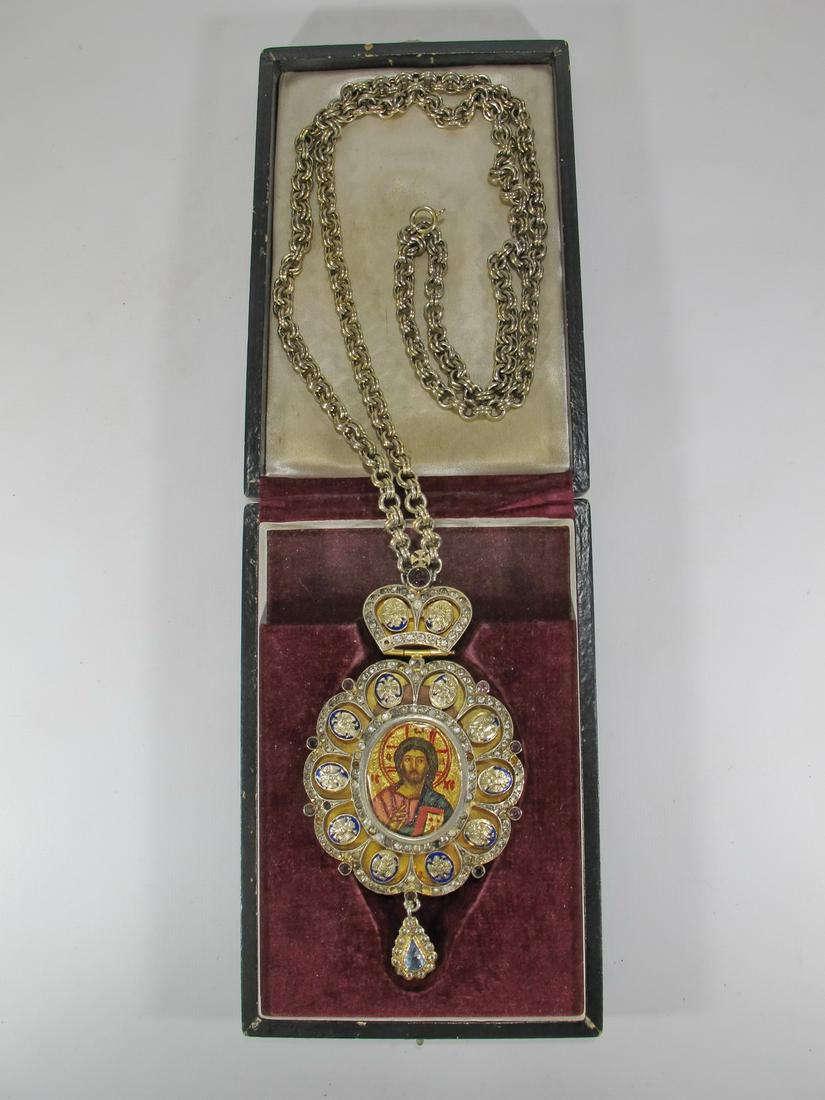 Vintage Orthodox Greek metal, enamel & glass necklace: Vintage Byzantine style Orthodox Greek metal, enamel & glass necklace. 30” long x 3 1/2” W. Box: 1 1/2” H x 8” W x 5 3/8” D. Shipping in USA or International please contact for quote both UP