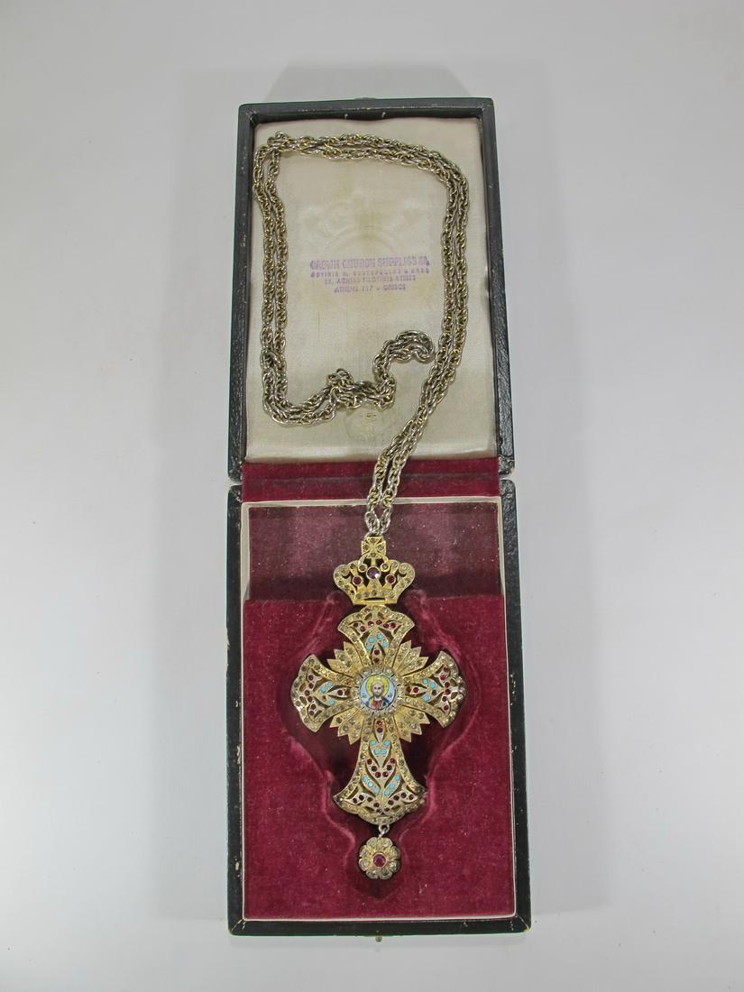 Vintage Orthodox Greek metal, enamel & glass necklace: Vintage Byzantine style Orthodox Greek metal, enamel & glass necklace. 29 1/4” long x 3 1/4” W. Box: 1 1/2” H x 8” W x 5 3/8” D. Shipping in USA or International please contact for quote bot