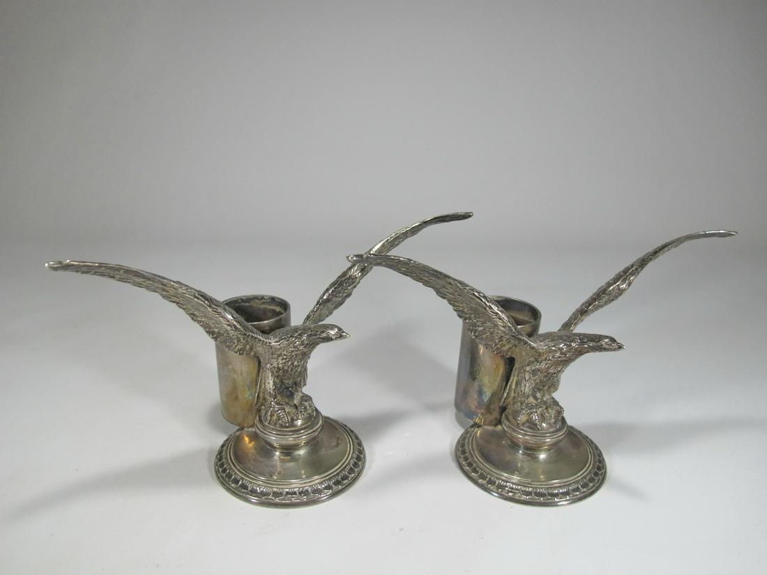 Antique pair of silverplate bronze eagle pencil holders: Antique pair of silverplate bronze eagle pencil holders. 4 3/8 in h x 7 1/4 in W x 3 5/8 in D.Shipping in USA or International please contact for quote both UPS stores: 1) : David Reiser UPS store 193