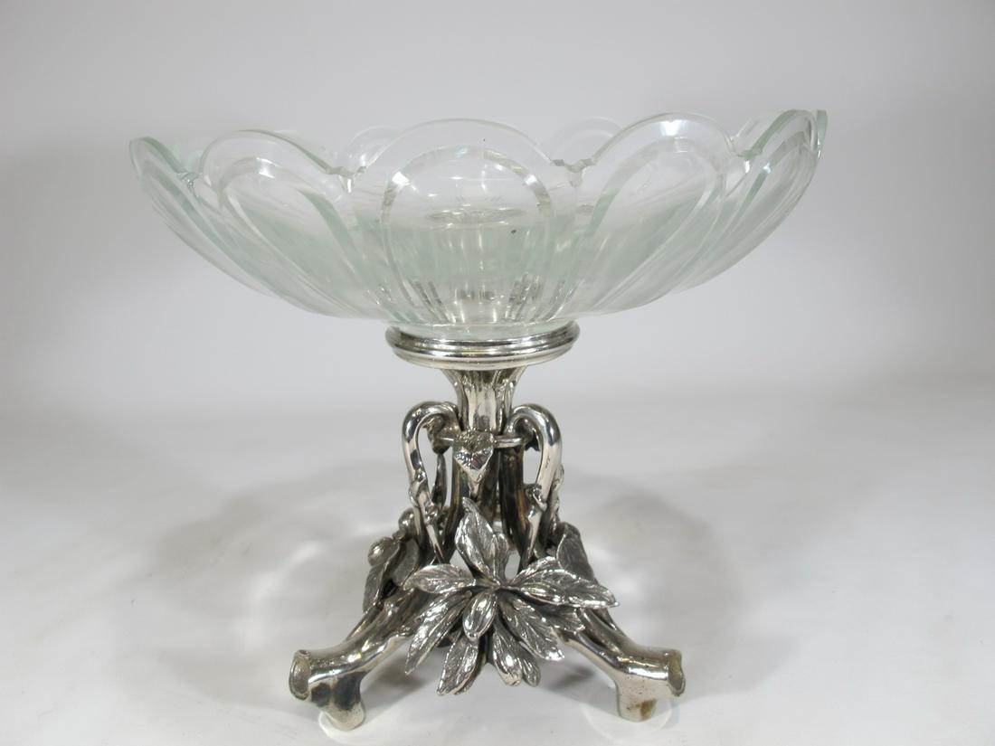 Christofle style bronze silverplated & glass fruit bowl: Christofle style bronze silverplated & glass fruit bowl. 9 5/8 in H x 9 5/8 in W. Glass: 3 1/2 in H x 9 5/8 in W. Base: 6 3/8 in H x 6 1/4 in W. Shipping in USA or International please contact for quo