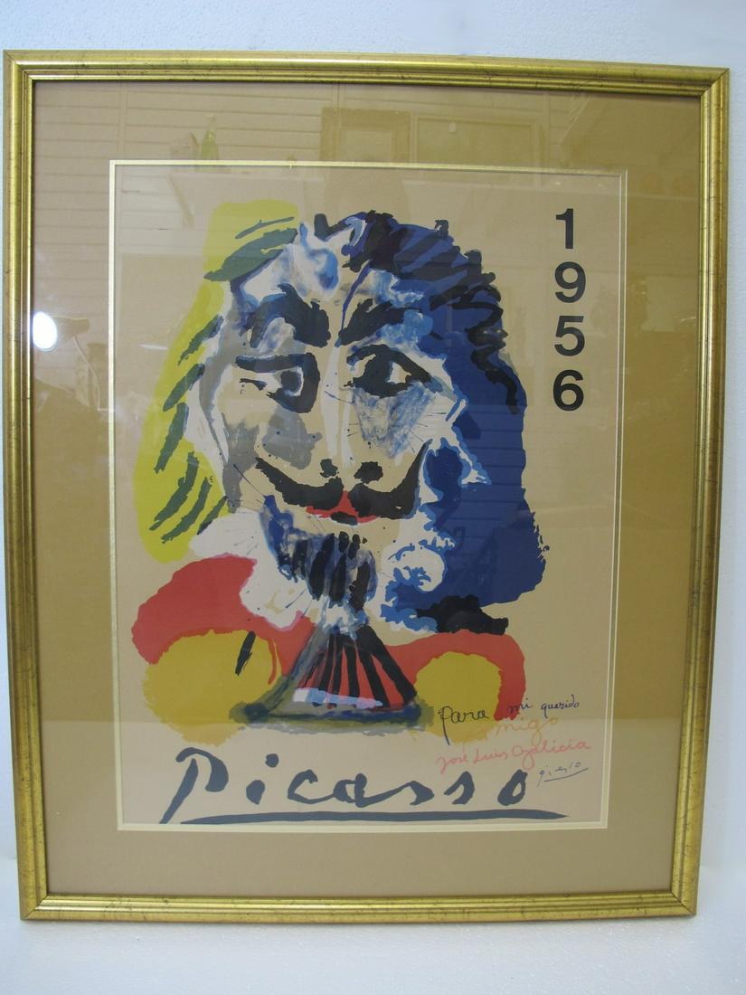 Picasso silkscreen dedicated to Jose L. Galicia: Picasso silkscreen or serigraph dedicated to his friend the artist Jose Luis Galicia, 1956. 33 5/8 in H x 27 3/8 in W frame included. Shipping in USA or International please contact for quote both UPS