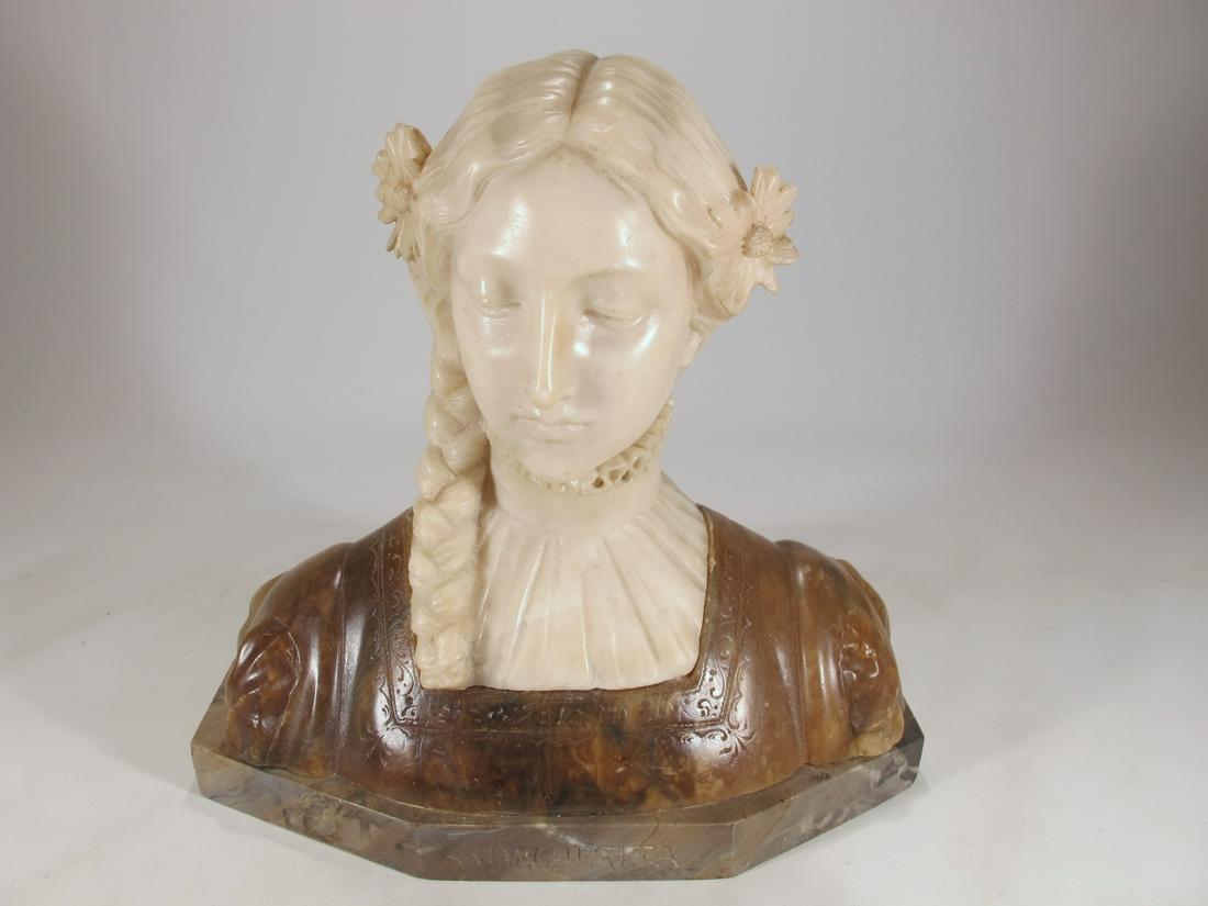 Antique Italian 2 colors alabaster bust of Margherita: Antique Italian 2 colors alabaster bust of Margherita. 10 1/4 in H x 10 1/4 in W x 5 1/8 in D. Shipping in USA or International please contact for quote both UPS stores: 1) : David Reiser UPS store 19