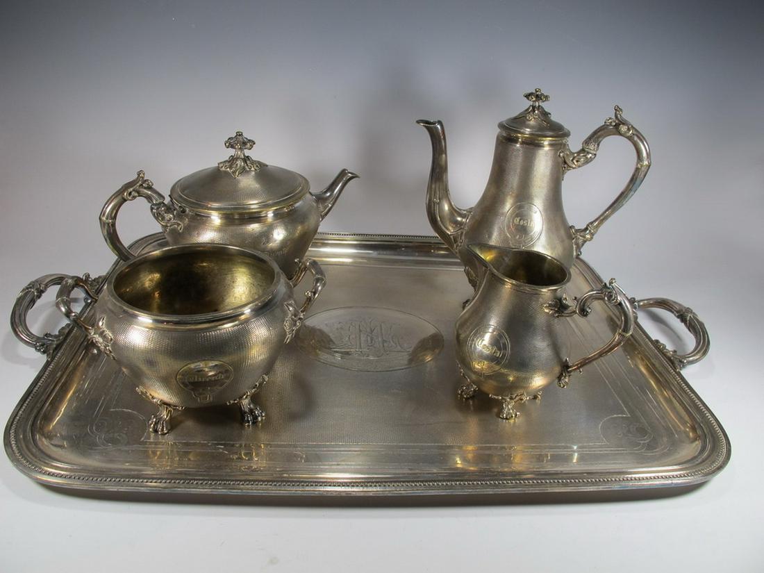 Antique French Christofle tea-coffeepot set: Antique French Christofle tea-coffeepot set, marked. Teapot: 7 in H, Coffeepot: 9 in H, Tray: 16 3/4 in H x 25 1/4 in W, creamer: 5 1/4 in H, Sugarpot: 4 1/2 in H. Shipping in USA or International ple
