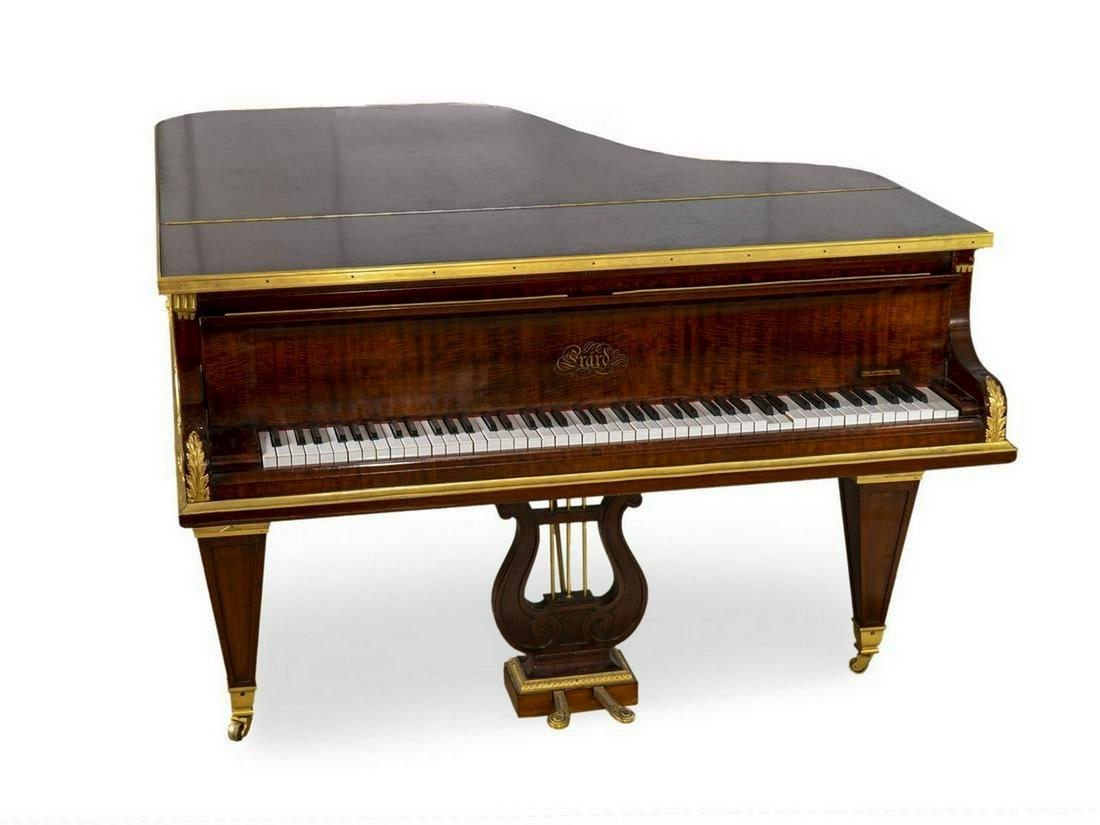 A Louis XVI Style Gilt Bronze Mounted Grand Piano by: A Louis XVI Style Gilt Bronze Mounted Grand Piano by Erard, Paris 1900. Inscribed Par Brenet d'Invention Seb. & Fres. Erard/13 & 21 rue du Mail/Paris, Serial no. 100791; 7 octaves. 39” H x 59&rd