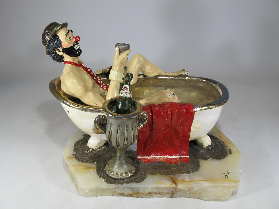 Ron LEE hand painted clown sculpture on an onyx base: Ron LEE hand painted clown sculpture on an onyx base. 9 5/8 in H x 12 1/2 in W x 9 3/4 in D. Shipping in USA or International please contact for quote both UPS stores: 1) : David Reiser UPS store 1937