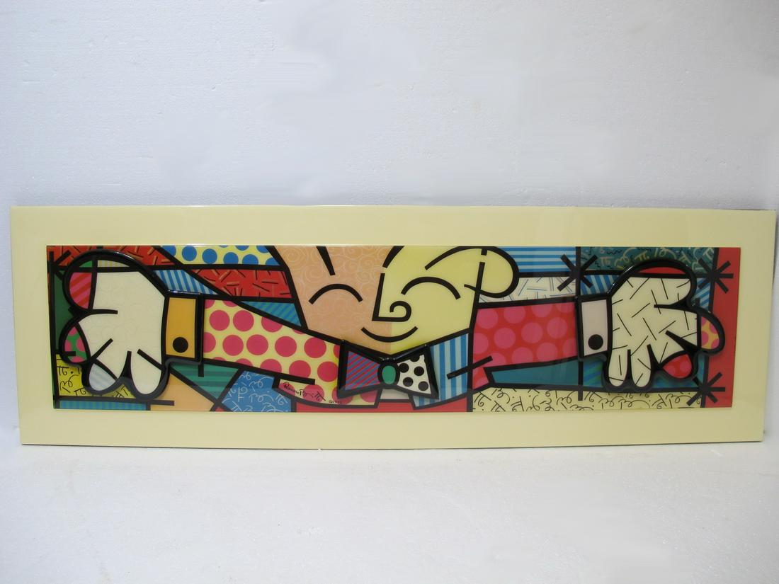 Romero BRITTO (1963) acrilyc 3 D panel: Romero BRITTO (1963) acrilyc 3 D panel. Titled: The Hug and dated 1993. 18 3/4” H x 60” W x 18 1/2” D. Shipping in USA or International please contact for quote both UPS stores: 1) :