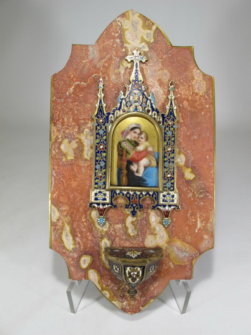 Antique European bronze champleve, marble & porcelain: Antique European bronze champleve, marble & porcelain Holy Water. 12 7/8” H x 7” W x 1 1/2” D. Shipping in USA or International please contact for quote both UPS stores: 1) : David R