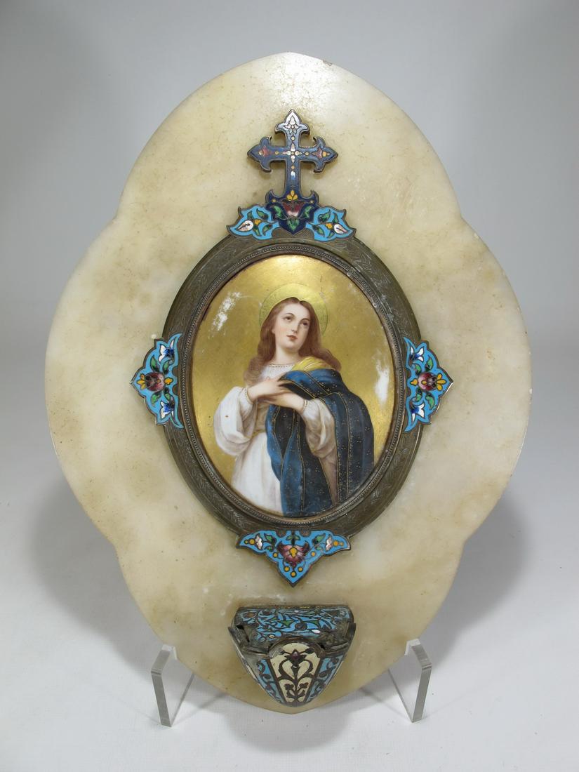 Antique bronze champleve, porcelain & alabaster Holy: Antique bronze champleve, porcelain & alabaster Holy Water. 12 5/8” H x 9 1/8” W x 2” D. Shipping in USA or International please contact for quote both UPS stores: 1) : David Reiser