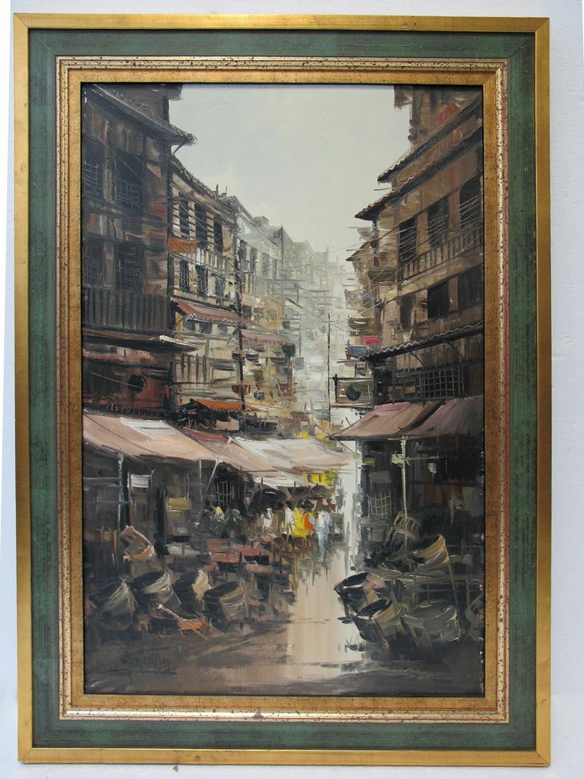 Hong Kong cityscape painting, signed (1 of 6)