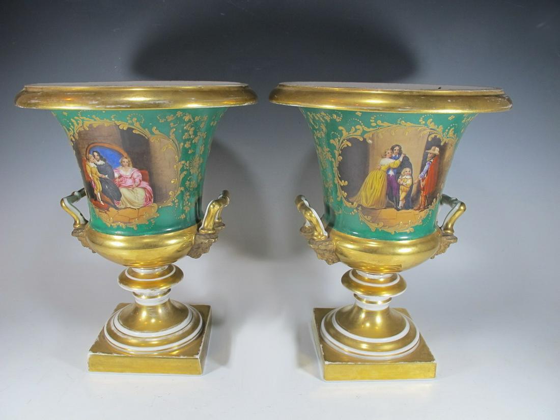 Antique French pair of porcelain urns: Antique French pair of porcelain urns. 12 5/8 in H x 9 7/8 in W. Shipping in USA or International please contact for quote both UPS stores: 1) : David Reiser UPS store 1937 - 954-454-1131 auctions1937