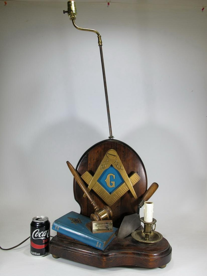 Wood table lamp base with Freemasonry symbols (1 of 9)