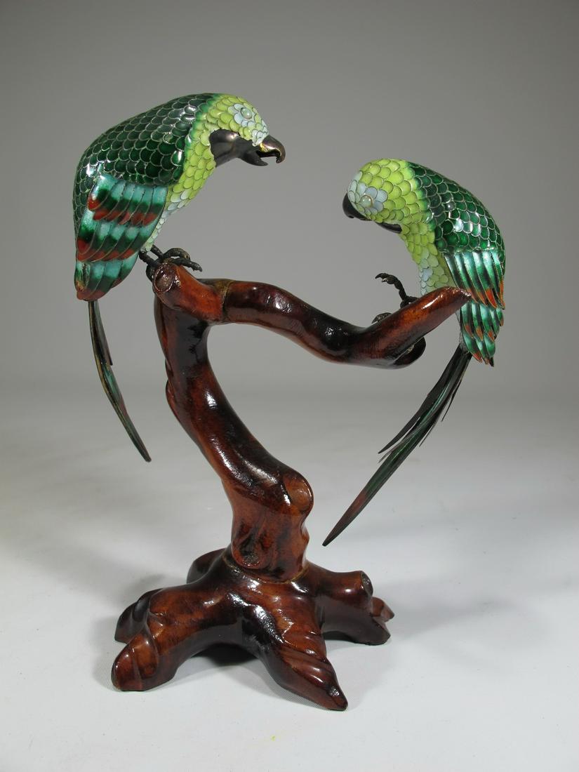 Chinese Export silver, jade & enamel parrots (1 of 7)