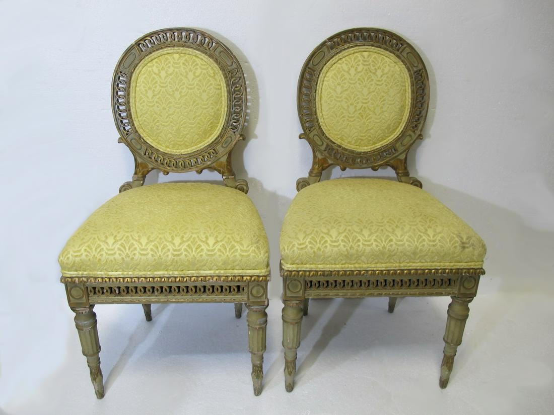 Antique French Louis XVI pair of chairs: Antique French Louis XVI pair of chairs. 37 7/8” H x 19 3/4” W x 18 3/8” D. Shipping in USA or International please contact for quote both UPS stores: 1) : David Reiser UPS store 193