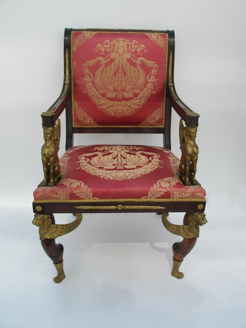 French ormolu mounted mahogany armchair: French ormolu mounted mahogany armchair. 41” H x 26” W x 28” D. Shipping in USA or International please contact for quote both UPS stores: 1) : David Reiser UPS store 1937 - 954-454-1131 auction