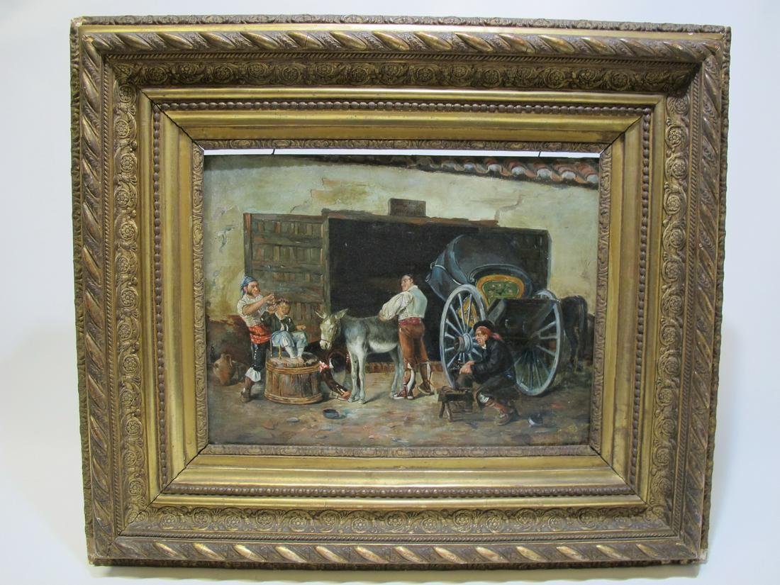 Antique oil on wood painting from Spain: Antique oil on wood painting from Spain. 24 5/8” H x 28 1/2” W including frame. 13 1/2” H x 18 1/4” W without frame. Shipping in USA or International please contact for quote b