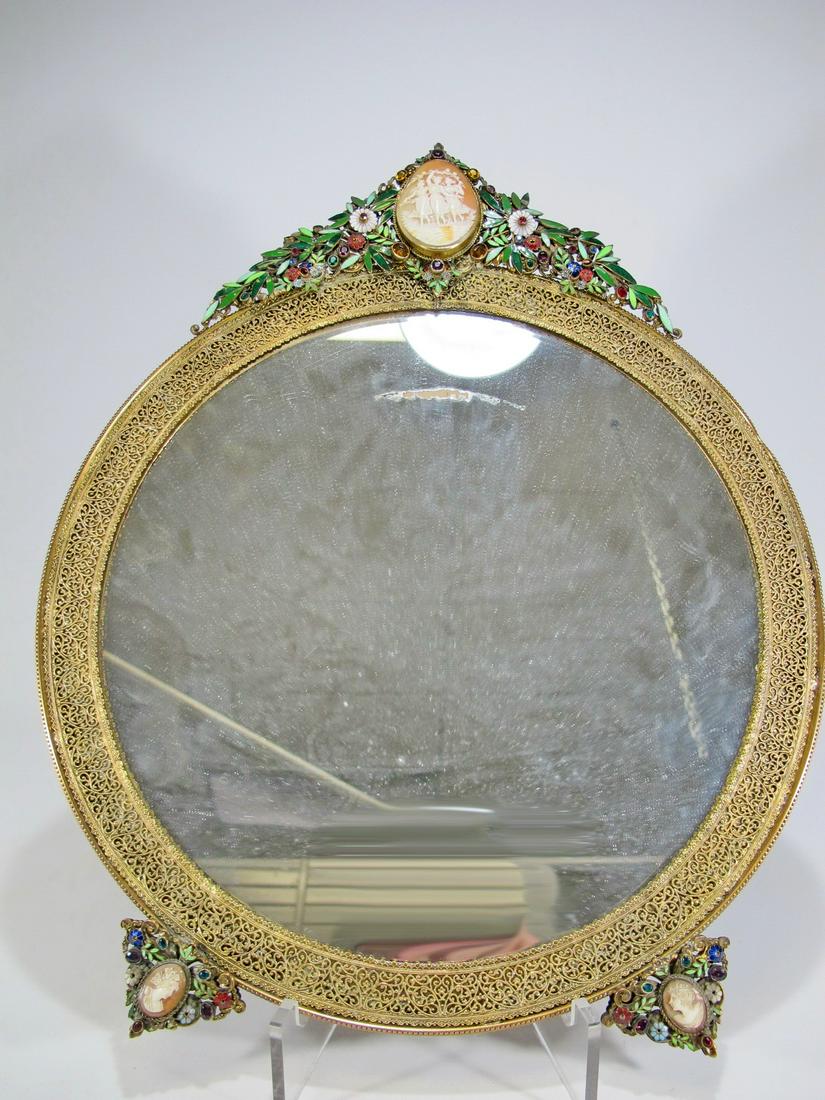 Antique bronze fillgree, precious stones & cameos: Antique bronze fillgree, precious stones & cameos mirror. 16 1/2 in H x 13 3/4 in W. Shipping in USA or International please contact for quote both UPS stores: 1) : David Reiser UPS store 1937 - 954-4