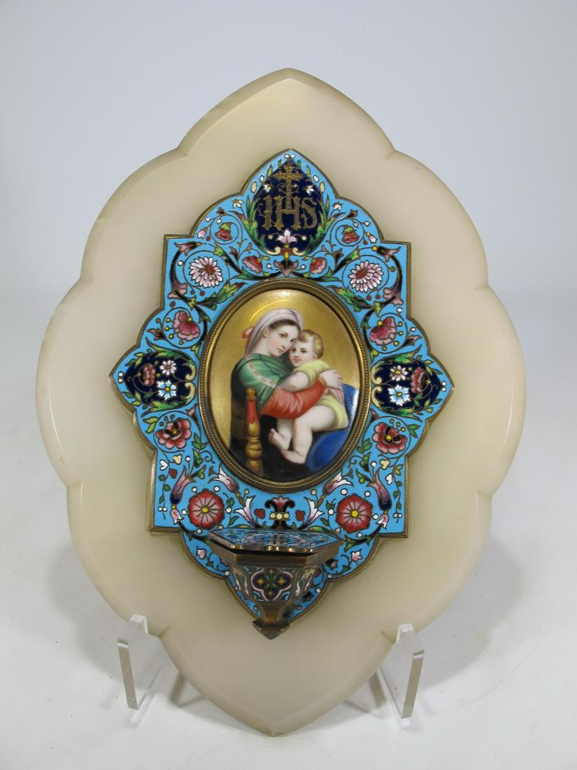 Antique bronze champleve, onyx & porcelain plaque: Antique bronze champleve, onyx & porcelain plaque. 12 1/4 in H x 8 3/4 in W. Shipping in USA or International please contact for quote both UPS stores: 1) : David Reiser UPS store 1937 - 754-263-0780,