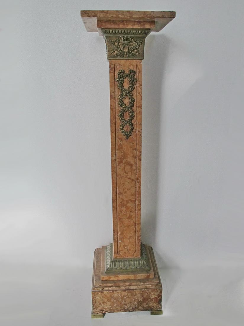 Antique French marble & bronze pedestal: Antique French marble & bronze pedestal. 43 3/4” H x 11 1/8” W x 11 1/8” D. Shipping in USA or International please contact for quote both UPS stores: 1) : David Reiser UPS store 193