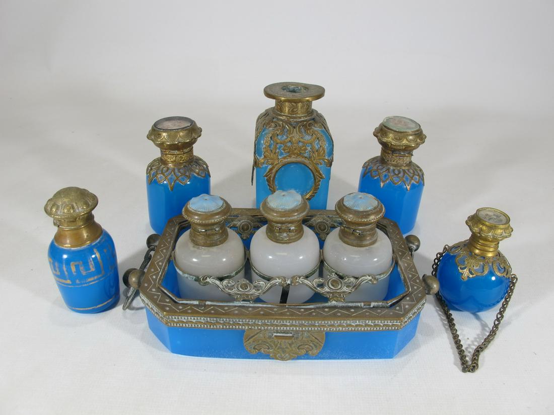 Antique French bronze & opaline vanity set: Antique French bronze & opaline vanity set. Biggest: 3 5/8” H x 2” W x 2” D. 2 bottles: 3” H x 1 3/4” W. 3 bottles tray: 2 1/2” H x 6” W x 3 7/8” D. Shi