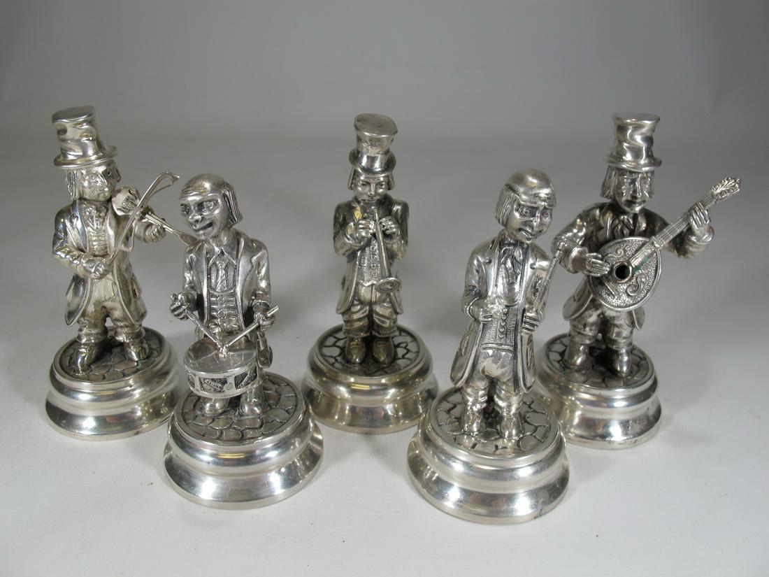 Antique Spanish sterling silver set of 5 musician: Antique Spanish sterling silver set of 5 musician statues. Weight: 432.2 grams. Biggest: 4 1/4” H x 2 1/4” W x 2” D. Shipping in USA or International please contact for quote both UP