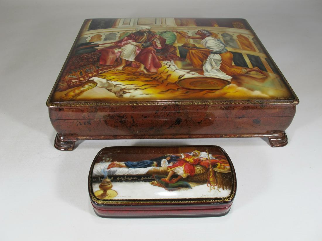 Late 20th C 2 Russian lacquer boxes, signed: Late 20th C 2 Russian lacquer boxes, signed. Small: 1 1/8” H x 5” W x 2 1/2” D. Big: 2 1/4” H x 18 1/8” W x 8 1/8” D. Shipping in USA or International please contac