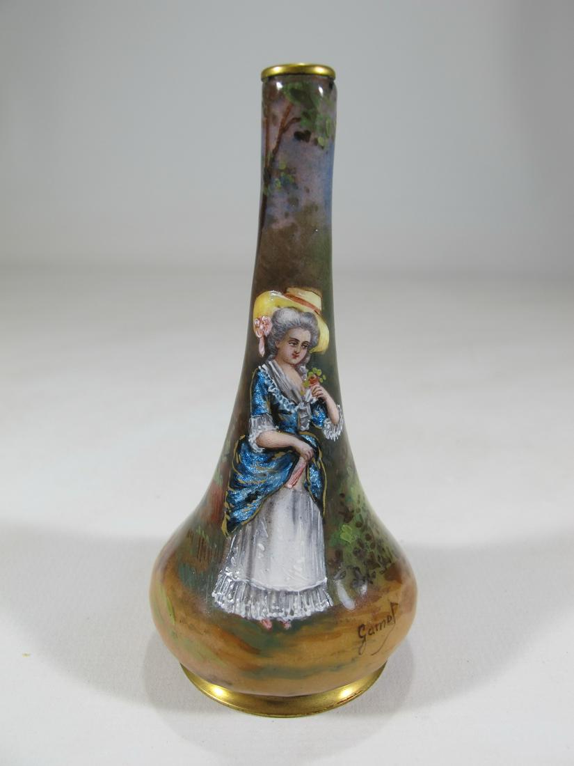 Antique French signed Gamet enamel vase: Antique French signed Gamet enamel vase. 3 5/8” H x 1 3/4” W. Shipping in USA or International please contact for quote both UPS stores: 1) : David Reiser UPS store 1937 - 754-263-0780, au