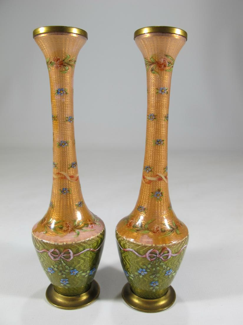 Antique French pair of enamel vases: Antique French pair of enamel vases. 5 1/2” H x 1 1/2” W. Shipping in USA or International please contact for quote both UPS stores: 1) : David Reiser UPS store 1937 - 754-263-0780, auctio