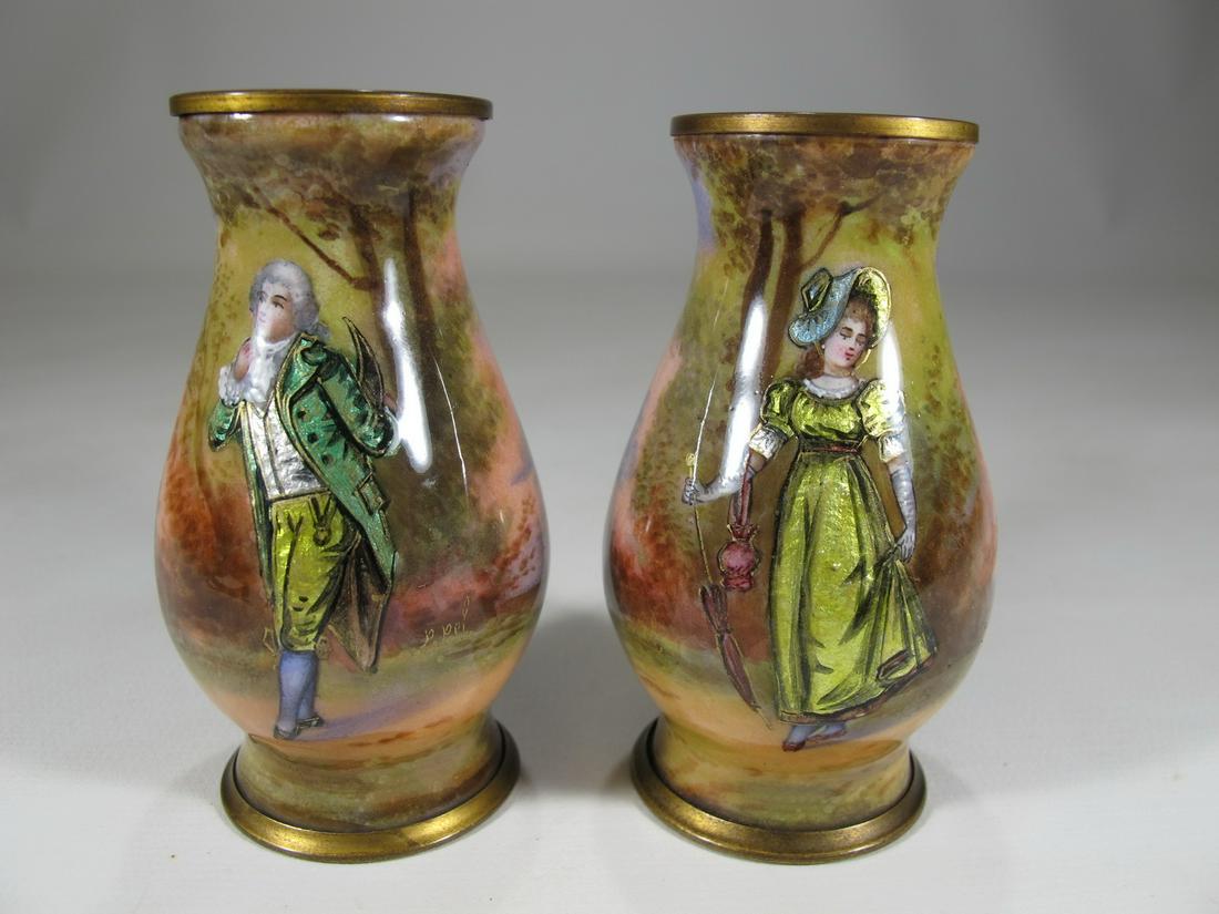 Antique French pair of enamel vases, signed: Antique French pair of enamel vases, signed. 2 7/8” H x 1 5/8” W. Shipping in USA or International please contact for quote both UPS stores: 1) : David Reiser UPS store 1937 - 754-263-0780