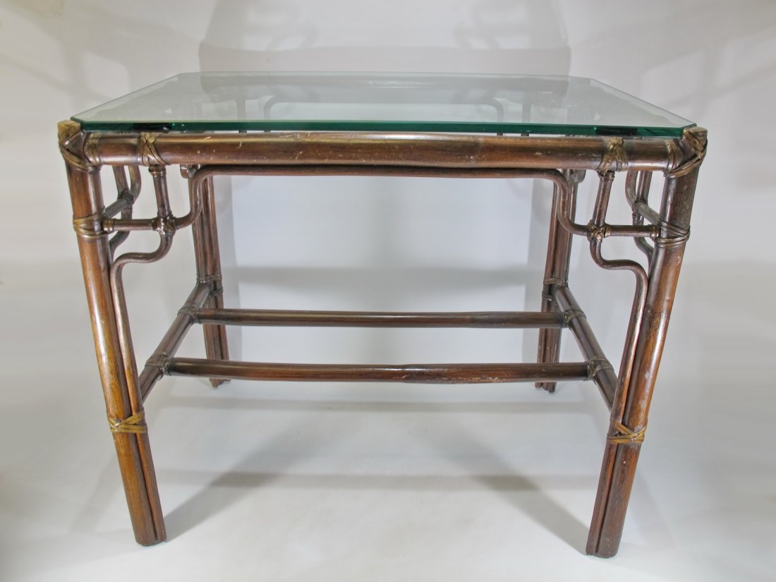 Vintage McGuire, CA bamboo & glass table: Vintage McGuire, CA bamboo & glass table. 26 1/8” H x 29 7/8” W x 20 1/8” D. Shipping in USA or International please contact for quote both UPS stores: 1) : David Reiser UPS store 1937 - 754-263