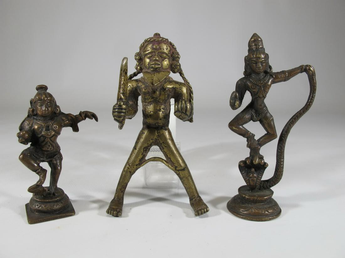 3 Vintage Tibetan bronze sculptures: 3 Vintage Tibetan bronze sculptures. 4 1/8” H x 2 1/4” W x 1 1/2” D, 4” H x 1 7/8” W x 1 1/8” D and 2 7/8” H x 1 3/4” W x 1” D. Shipping in USA or