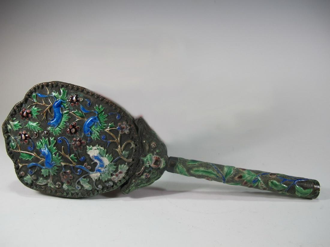 Antique Chinese Silverplate & Enamel Mirror: Antique Chinese silverplate & enamel mirror, marked. 10 1/4 in H x 3 5/8 in W. Shipping in USA or International please contact for quote both UPS stores: 1) : David Reiser UPS store 1937-754-263-0780,